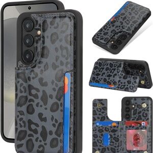 Leopard Print Black Phone Case with Card Holder